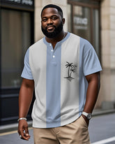 Men's Plus Size Daily Casual Blue Striped Coconut Tree Print Henry Collar Button Short Sleeve T-Shirt